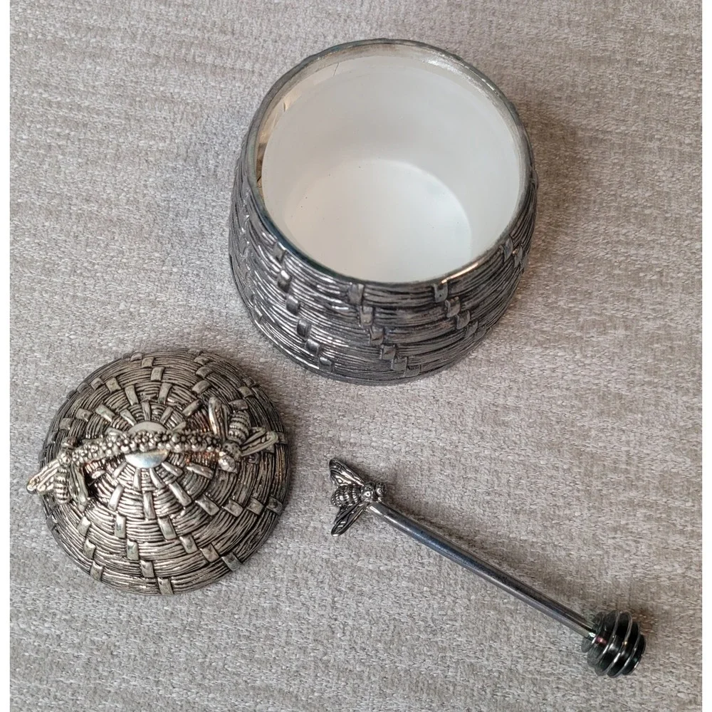 Godinger Art Beehive Honey Pot w/ Lid & Bee Honey Dipper Silver Plate Complete